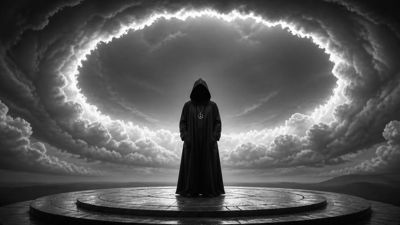 Faceless robed figure wearing a peace medallion beneath an immense ring of clouds