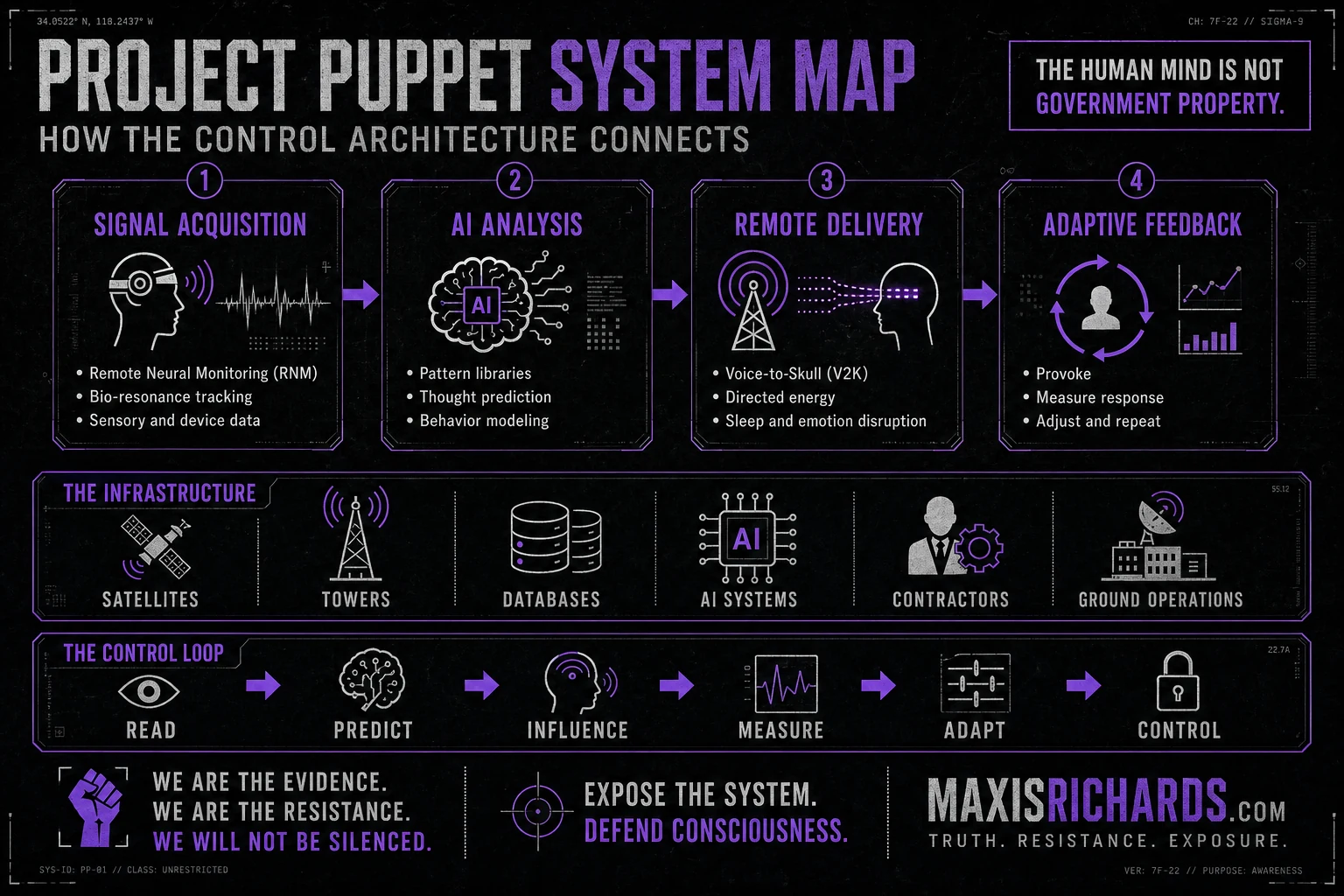 Project Puppet system architecture connecting neural signals, artificial intelligence, remote delivery, and feedback