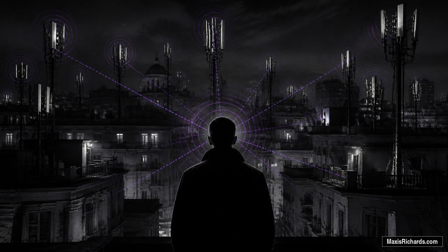 Anonymous Targeted Individual surrounded by an urban 5G antenna network at night