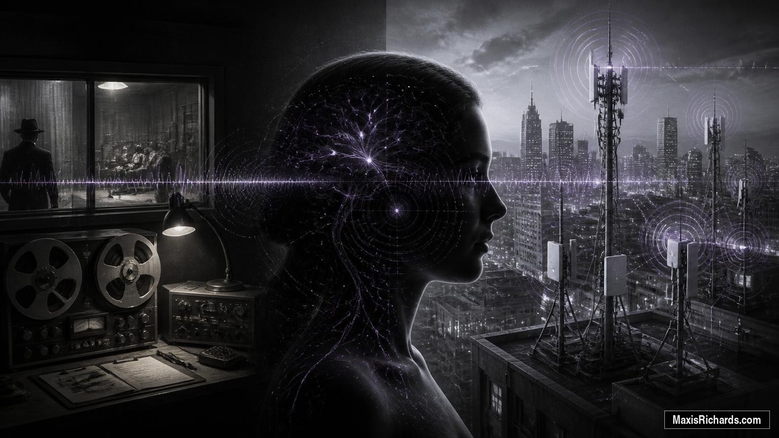 Historical MKUltra equipment connected visually to a modern 5G antenna network and a living human profile
